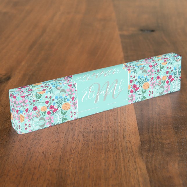 Porte-nom Cute rose et bleu Petit motif floral (Taille)