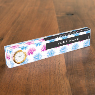 Porte-nom Dahlia rose et bleu, motif floral, votre nom