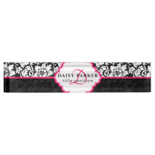 Porte-nom Damas Noir Et Blanc Et Cadre Rose