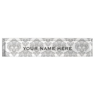 Porte-nom Damassé gris argent élégant et glamour personnalis