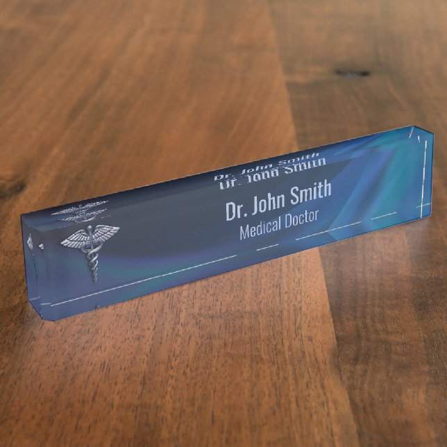 Porte-nom Dark Holographic Chrome 3D Caduceus Médicale (Taille)