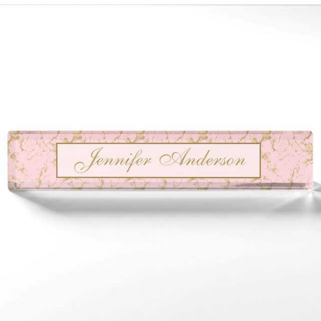 Porte-nom Design élégant en marbre rose et or (Devant)