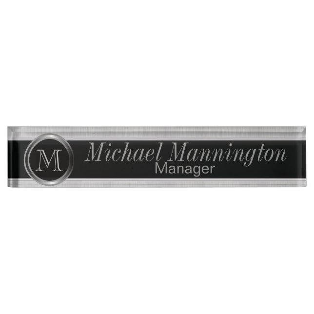Porte-nom Design Monogramme Exécutif - Acier Bracelet Blanc (Devant)