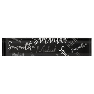 Porte-nom Deux noms couple motif monogramme noir gris blanc
