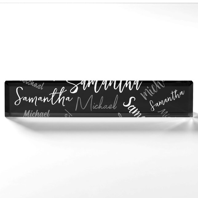 Porte-nom Deux noms couple motif monogramme noir gris blanc (Devant)