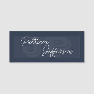 Porte-nom Deux Tons Bleu Foncé Et Blanc Monogramme manuscrit