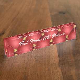 Porte-nom Diamant Doré Cuir Tufé Votre Nom De Texte Rouge