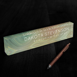 Porte-nom Earthy Emerald Strata Agate d'encre verte et dor