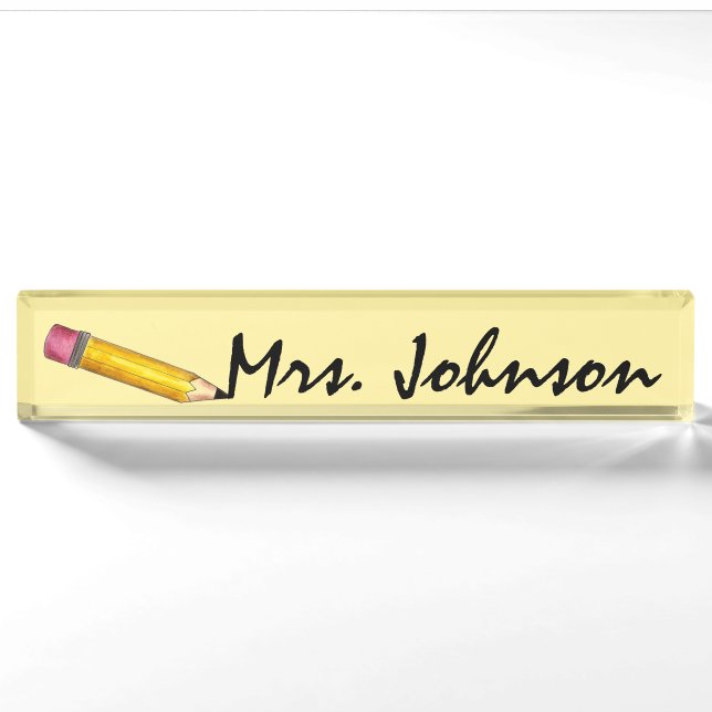 Porte-nom École de crayon jaune clair Écriture d'enseignant  (Devant)