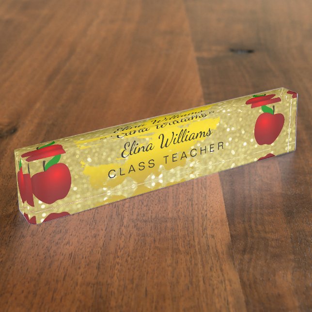 Porte-nom École Enseignant Rouge Pomme Gold Classic Confetti (Taille)