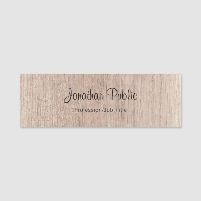 Porte-nom Écriture manuscrite Texte Modèle Élégant look bois (Devant)