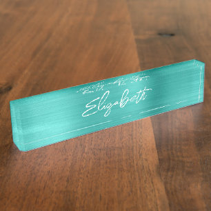 Porte-nom Écriture Moderne au Pinceau en Feuille de Turquois