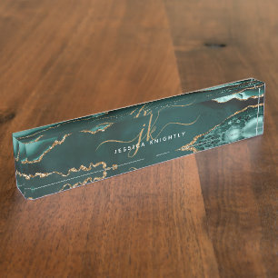 Porte-nom Élégant Agate Turquoise Or Script Monogramme Nom