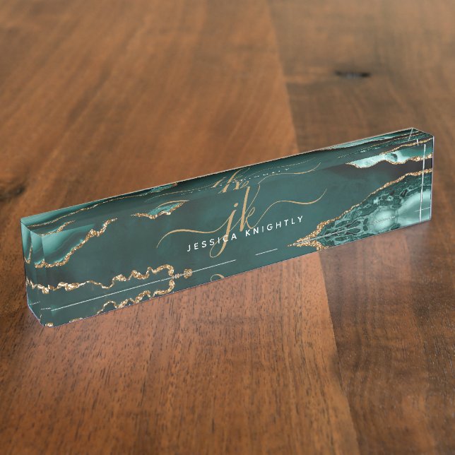 Porte-nom Élégant Agate Turquoise Or Script Monogramme Nom (Taille)