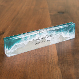 Porte-nom Elégant Aqua Blue Green Beach Script
