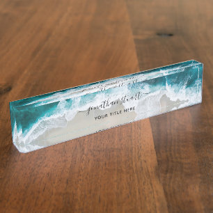 Porte-nom Elégant Aqua Blue Green Beach Script