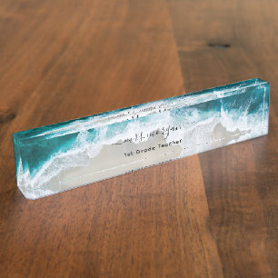 Porte-nom Elégant Aqua Blue Green Beach Script enseignant