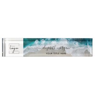 Porte-nom Élégant Aqua Blue Green Beach Script Logo