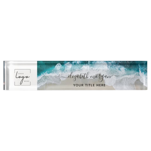 Porte-nom Élégant Aqua Blue Green Beach Script Logo (Devant)