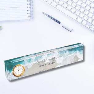 Porte-nom Elégant Aqua Blue Green Script Nom Horloge Bureau