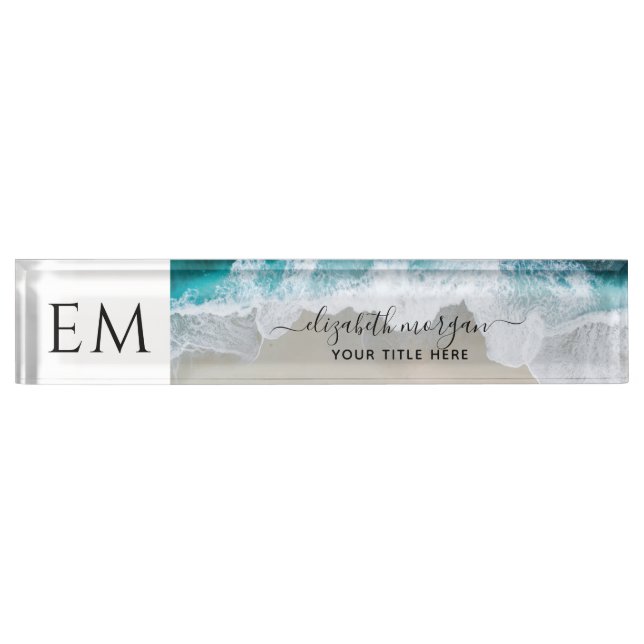 Porte-nom Élégant Beach bleu vert Script Monogramme (Devant)