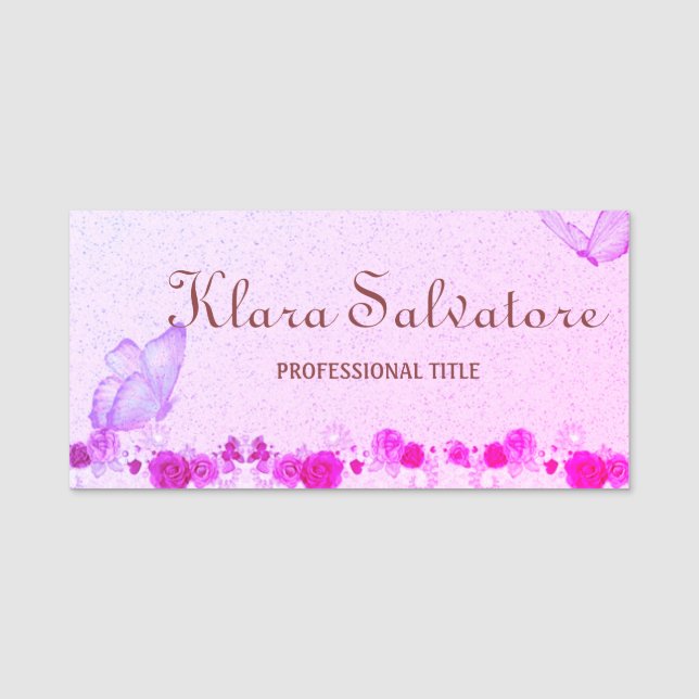 Porte-nom Elégant Beau Roses PUrple Avec Papillon  (Devant)