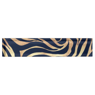 Porte-nom Elégant bleu marine Gold Zebra Imprimer