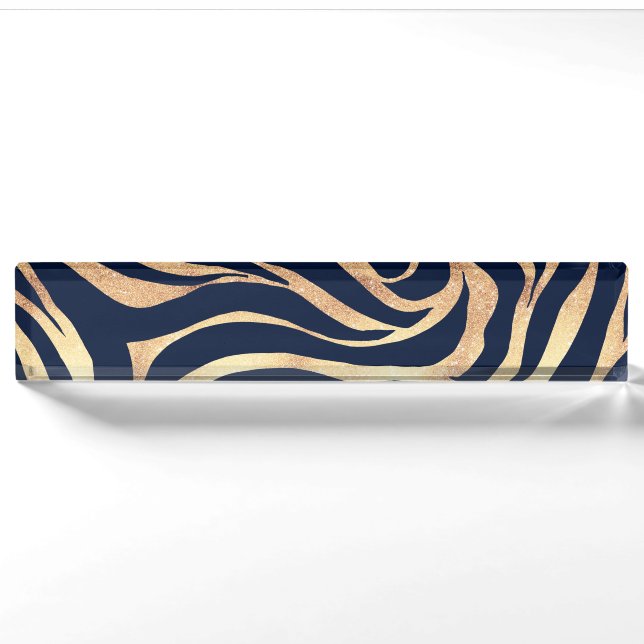 Porte-nom Elégant bleu marine Gold Zebra Imprimer (Devant)