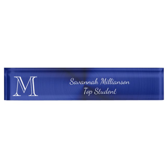 Porte-nom Élégant Blue Faux métal Monogramme étudiant (Devant)