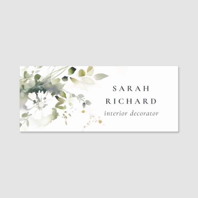 Porte-nom Élégant Boho moderne Abstrait vert blanc floral (Devant)