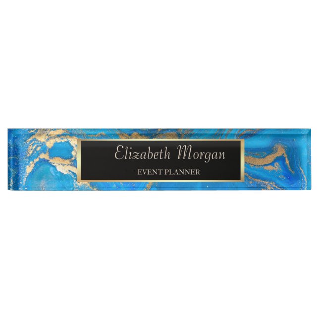 Porte-nom Elégant Cadre Or Design, Marbre Bleu (Devant)