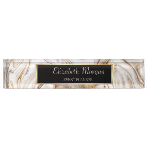 Porte-nom Elégant Cadre Or Design, Marbre Brown Blanc