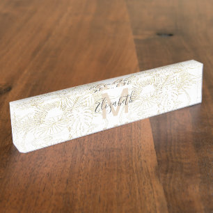 Porte-nom Elégant design de traits d'or feuille tropicaux