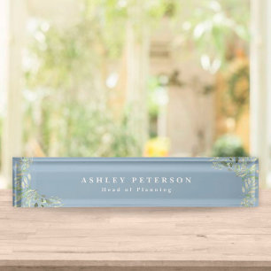 Porte-nom Elegant Dusty Blue Gold Greenery Desk Name Plate