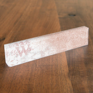 Porte-nom Élégant faux rose en or confetti image en marbre