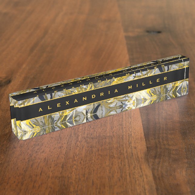 Porte-nom Élégant floral | Abstrait artistique noir et jaune (Taille)