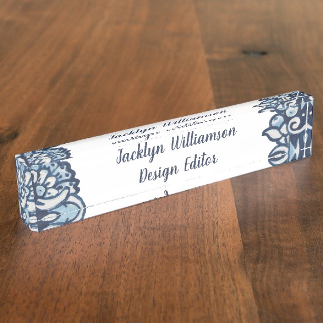 Porte-nom Elégant Flore Bleu Bleu Personnalisé (Taille)