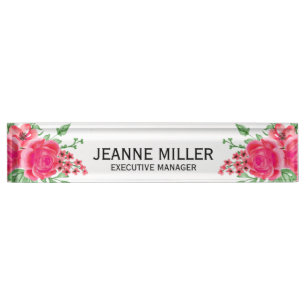 Porte-nom Elégant Fuchsia Rose Rose Flowers Manager Blanc