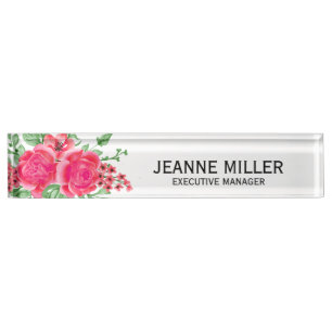 Porte-nom Elégant Fuchsia Rose Rose Flowers Manager Blanc