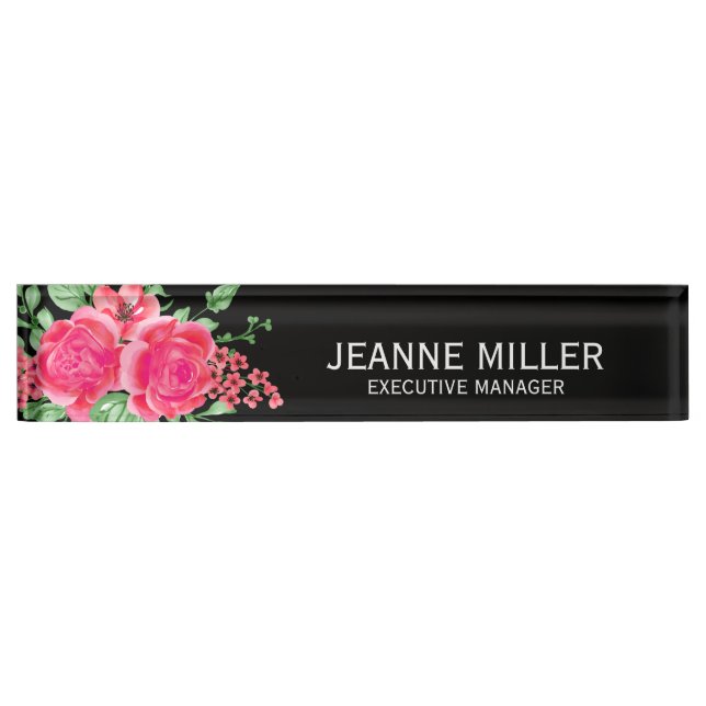Porte-nom Elégant Fuchsia Rose Rose Flowers Manager Noir (Devant)