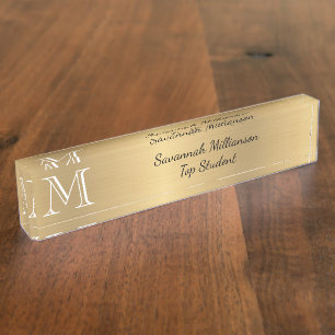 Porte-nom Élégant Gold Faux métal Monogramme étudiant