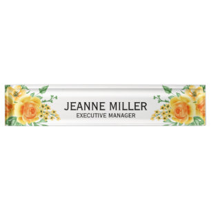 Porte-nom Elégant Jaune Orange Rose Flowers Manager Blanc