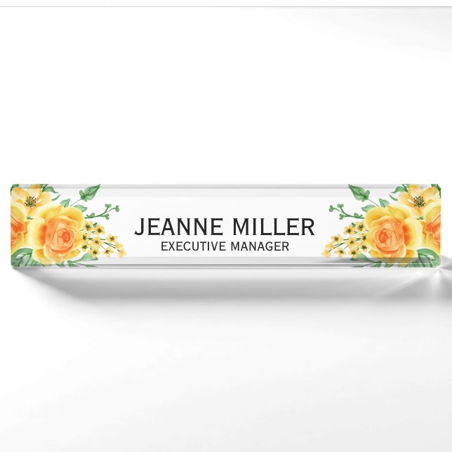 Porte-nom Elégant Jaune Orange Rose Flowers Manager Blanc (Devant)
