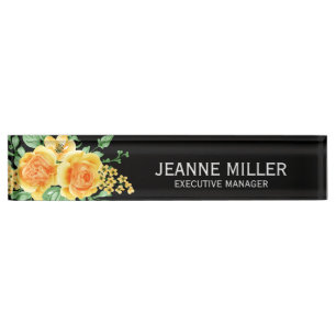 Porte-nom Elégant Jaune Orange Rose Flowers Manager Noir