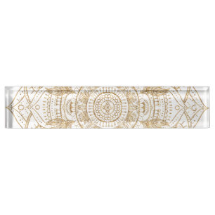 Porte-nom Elégant Mandala Blanc & Or Dessiné À La Main