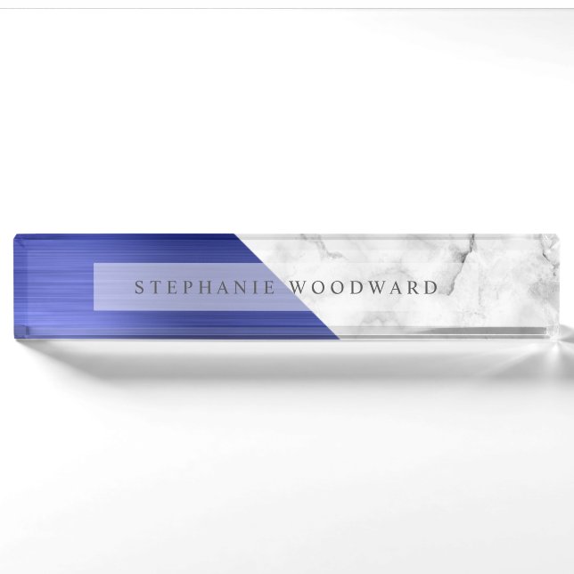 Porte-nom Elégant Marbre blanc en métal brossé bleu Sapphire (Devant)