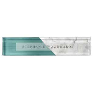 Porte-nom Élégant Marbre blanc Turquoise vert brossé en méta