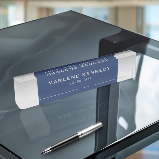 Porte-nom Élégant Monogramme Argent Marine bleu acrylique (Créateur téléchargé)
