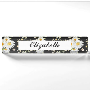 Porte-nom Élégant Monogramme noir et blanc Motif de margueri