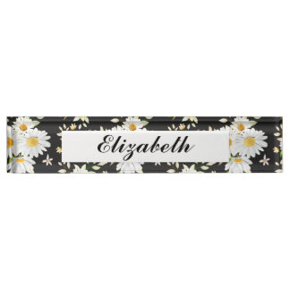 Porte-nom Élégant Monogramme noir et blanc Motif de margueri